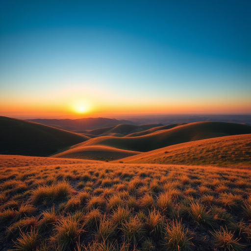 Create a high-resolution image of a serene landscape with rolling hills under a clear blue sky during golden hour, using a Canon EOS R5, 24mm lens, aperture f/8, ISO 100, shutter speed 1/200s, in landscape orientation.
