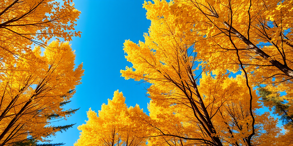 Yellow autumn leaves on tall trees against a bright blue sky, captured with a DSLR camera, 50mm lens, f/8 aperture, ISO 100, natural lighting, shot from a low angle to emphasize the height of the trees.