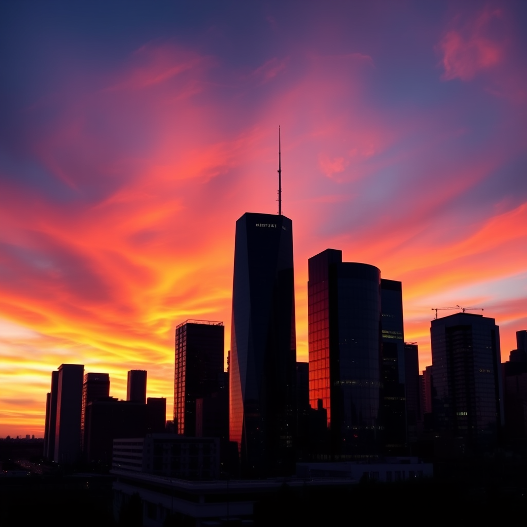 Create a high-resolution image of a modern city skyline at sunset with vibrant colors, using a DSLR camera, 50mm lens, ISO 100, f/8 aperture, and a shutter speed of 1/125 seconds, capturing a wide-angle view to emphasize the skyline's silhouette against the colorful sky.