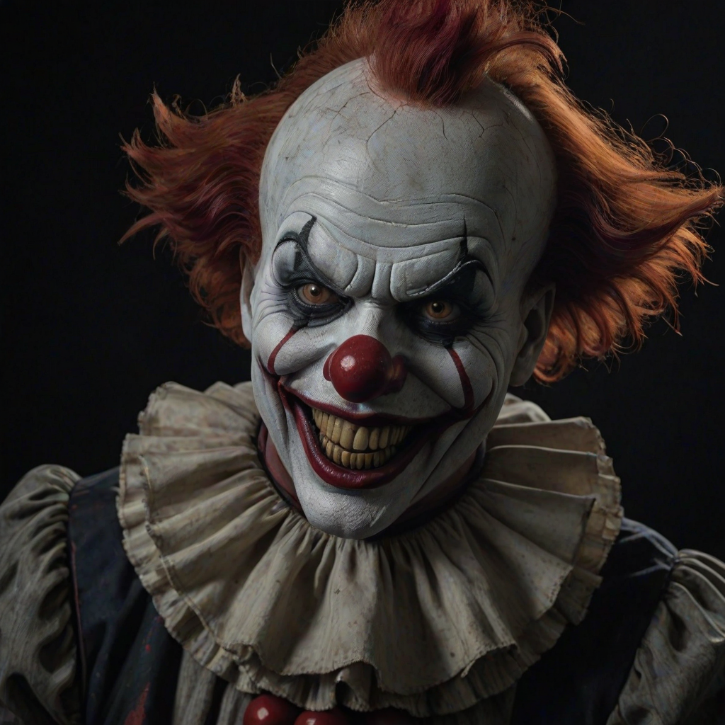 Create a hyper-realistic, dark, and eerie clown with a sinister smile, set against a black background. The clown should have exaggerated makeup with sharp, contrasting colors to enhance its menacing appearance. The overall atmosphere should be unsettling and intense, capturing a sense of horror and suspense