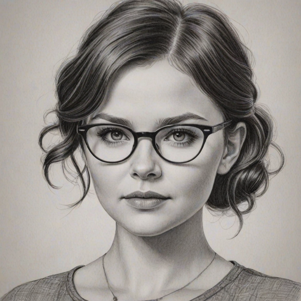 Superb Ginnifer Goodwin, pencil sketch, portrait of Enchanting woman 1948s in glasses, hair style beatnik, outline, clear lines, fine lines, 8k