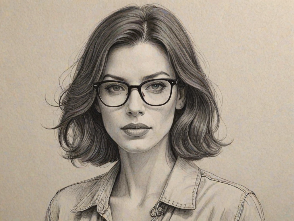 Graceful Jessica Pare, pencil sketch, portrait of Sublime woman 1975s in glasses, hair style beatnik, outline, clear lines, fine lines, 8k