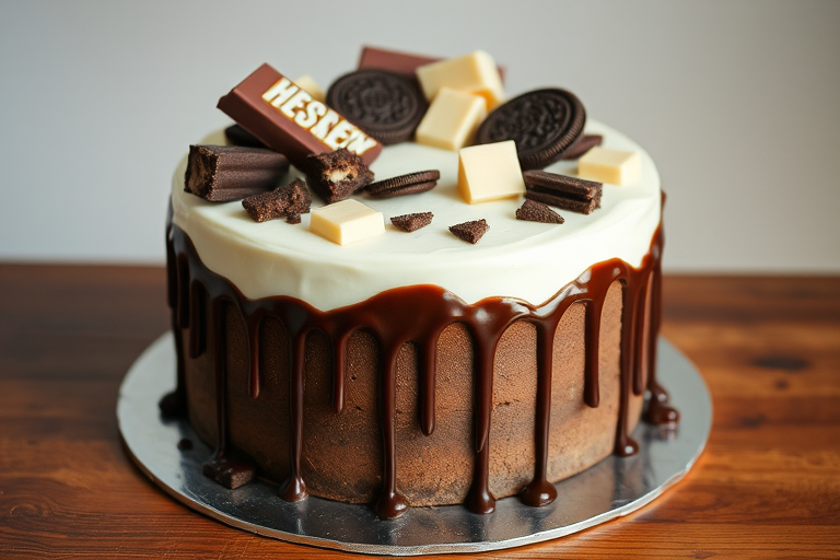 Create an image of a chocolate cake decorated with various chocolate bars and cookies on top the cake should have a smooth white frosting with chocolate ganache dripping down the sides include pieces of Hershey bars Oreo cookies and white chocolate bars scattered on top the cake should be displayed on a silver cake board and placed on a wooden table with a simple background
