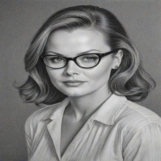 Enticing Belinda Carlisle, pencil sketch, portrait of Elegant woman 1954s in glasses, hair style beatnik, outline, clear lines, fine lines, 8k