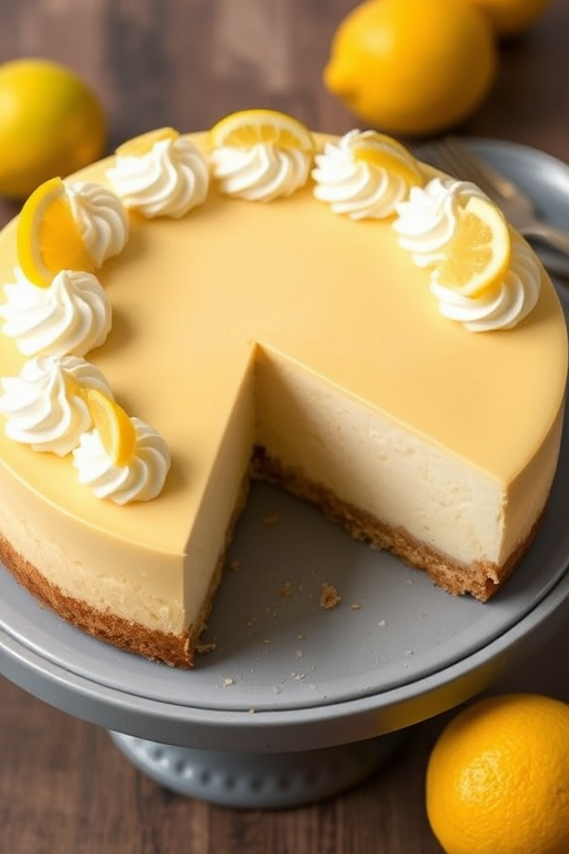 Create an image of a lemon cheesecake with a smooth yellow top, decorated with swirls of whipped cream and small lemon slices on top, set on a round gray serving platter with a slice removed revealing the creamy interior and crumbly crust.