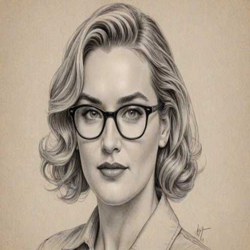 Enchanting Kate Winslet, pencil sketch, portrait of Dazzling woman 1954s in glasses, hair style beatnik, outline, clear lines, fine lines, 8k