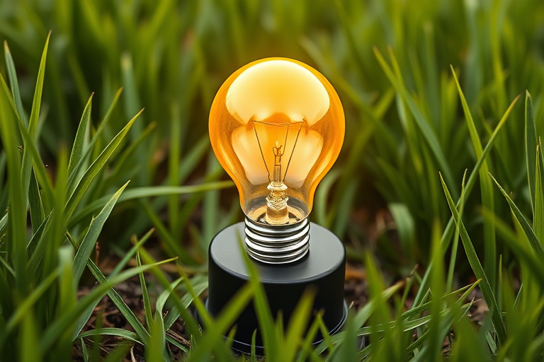Create a vibrant graphic of a yellow light bulb on a black base surrounded by green grass, with a high-resolution digital display, using a 50mm lens at f/2.8 aperture, shot from a low angle to enhance depth, using a DSLR camera.