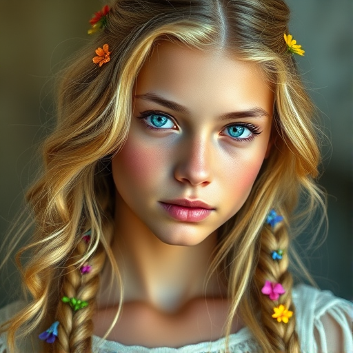 Create an image of a young Indian woman with long, wavy blonde hair, adorned with small, colorful flowers woven into her braids and loose strands. Her complexion is fair, with soft, glowing skin, and she has light blue eyes that gaze softly at the viewer. She wears a light, flowing dress with a gentle, ethereal quality, complementing her delicate and serene appearance. The background is slightly blurred, drawing focus to her tranquil expression and the intricate details of the flowers in her hair. The overall mood of the image is one of natural beauty and grace, evoking a sense of peacefulness and connection with nature.