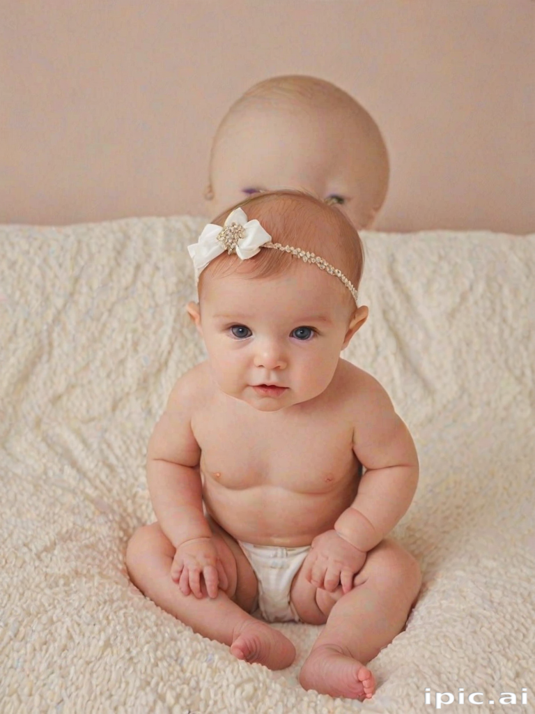 Adorable Baby with Headband Sitting on Soft Blanket with Unique Background