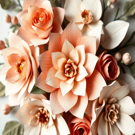 Create a detailed, close-up flat lay of an intricate floral arrangement made of paper with layered textures, soft natural lighting, 50mm lens, f/2.8 aperture, ISO 100, shallow depth of field, DSLR camera.