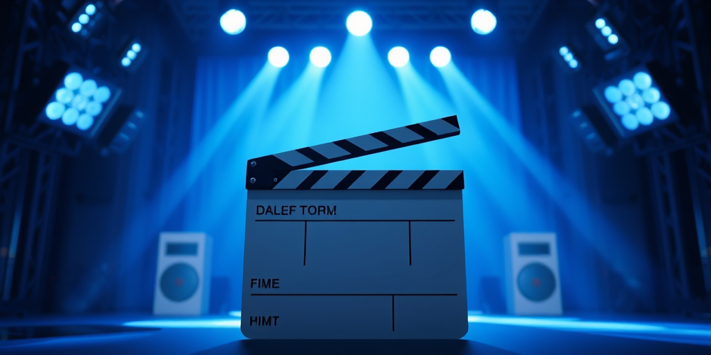 Illustration of a film clapperboard in front of a movie set with blue spotlight effects, using a DSLR camera at f/8 aperture, ISO 100, 24mm lens, shot from a low angle in a cinematic style.