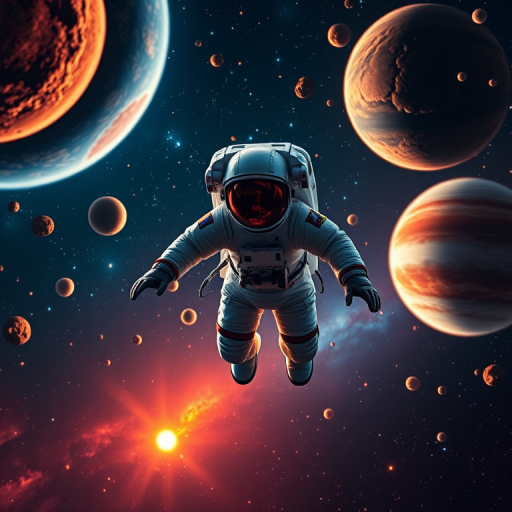 Create a high-resolution image of an astronaut floating in space with vibrant planets and asteroids in the background, captured using a DSLR camera at f/2.8, ISO 100, 24mm lens, in a wide-angle perspective with a cinematic style for dynamic lighting and rich colors.