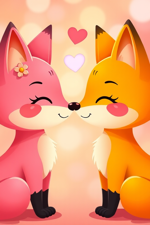Create a vibrant and playful illustration of two cartoon foxes, one pink with a flower and one yellow, facing each other with hearts above their noses, using a Canon EOS 5D Mark IV, aperture f/2.8, ISO 100, focusing on the characters with a soft bokeh background.