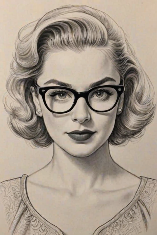 Splendid Sabrina Spellman, pencil sketch, portrait of Ravishing woman 1946s in glasses, hair style beatnik, outline, clear lines, fine lines, 8k