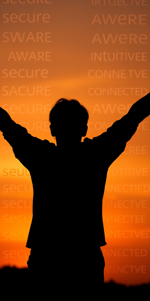 silhouette of a person with arms outstretched against a sunset background filled with words like secure, aware, intuitive, and connected, taken with a Canon EOS R5 using a 50mm f/1.2 lens at f/1.8, ISO 100, 1/200s, shot from a low angle to emphasize the sunset and words in the background.