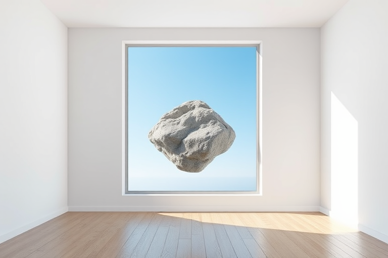 Create a hyper-realistic 3D rendering of a minimalistic room with a large window showing a floating rock structure against a clear blue sky, using a 35mm lens, f/8 aperture, ISO 100, focus on the rock, soft natural lighting, high dynamic range, and a wide-angle view for depth.