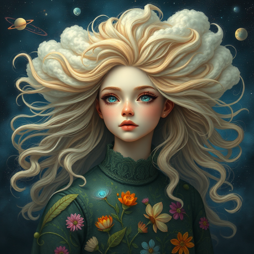 Create a series of imaginative portraits where each subject is infused with elements of fantasy and nature. The hair of the individuals should flow like clouds, varying from soft, fluffy cumulus to wispy cirrus strands, with hints of color reflecting a sunset or a clear blue sky. The eyes should be windows to entire galaxies, with stars, nebulae, and distant planets visible within them. Clothing should be adorned with nature motifs, such as floral patterns that bloom and change, vines that seem to grow and wrap around, or feathers that shimmer with iridescence. Each portrait should capture a unique personality, blending human features with the ethereal beauty of the natural and cosmic world. The backgrounds can vary, from starry night skies to enchanted forests, adding depth and context to the magical realism of the portraits