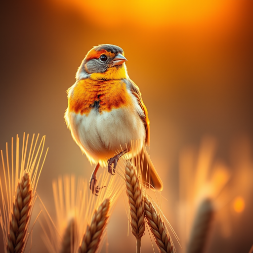 A close-up of a colorful sparrow perched on golden wheat stalks during golden hour, using a DSLR camera with a 50mm lens, aperture f/2.8, shutter speed 1/200s, ISO 100, soft focus background for depth, and vibrant color enhancement.
