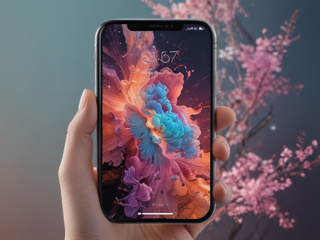 Hand Holding a Colorful Smartphone Displaying a Vibrant Abstract Wallpaper