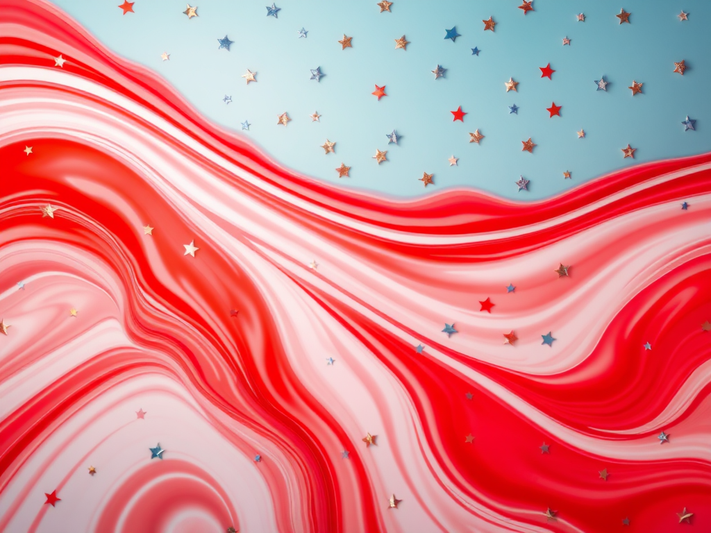Create an abstract image of flowing red and white stripes with scattered blue and gold stars, using a DSLR camera, 50mm lens, f/2.8 aperture, 1/125s shutter speed, ISO 100, and a top-down view for enhanced color saturation and detail.