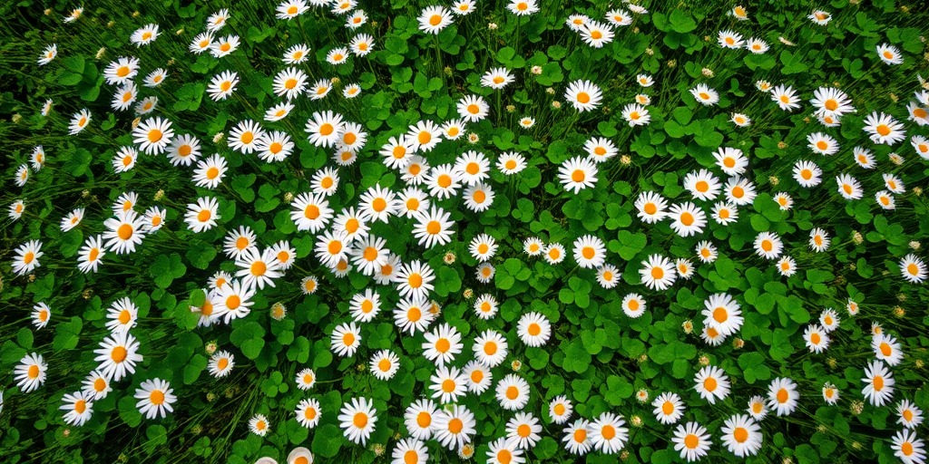 A lush field filled with white daisies and green clovers from a bird's eye view, captured with a DSLR camera at f/4.0 aperture, ISO 100, 24mm lens, 1/250 second shutter speed, in vibrant colors to enhance image quality.
