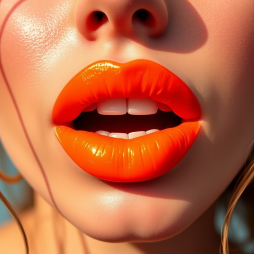 Bright neon orange lips with a semi-matte finish, exuding energy and vibrancy, perfect for a retro-inspired summer festival look