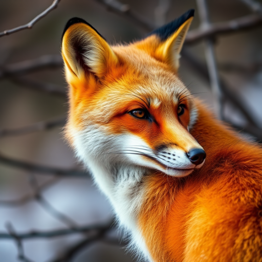 Generate a high-resolution close-up image of a fox in profile, with a shallow depth of field, using a DSLR camera with a 50mm lens at f/1.8, ISO 200, and a shutter speed of 1/500 sec, capturing fine fur details against a blurred background of branches.