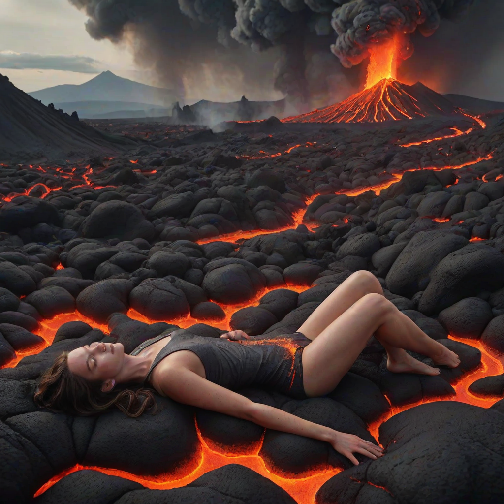 A surreal, detailed image of a woman lying comfortably in flowing lava, with gray smoke rising around her. She appears relaxed despite the molten surroundings, with a volcanic landscape and distant mountains in the background. The scene is vivid, with the bright lava contrasting against the dark, smoky atmosphere.