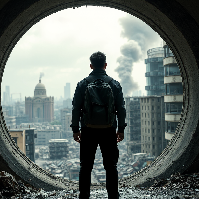 A lone figure with a backpack standing in a circular opening, gazing at a post-apocalyptic urban landscape with crumbling buildings and smoke rising, shot with a Canon EOS R5, 24mm lens, f/11 aperture, ISO 100, HDR processing, in a wide-angle view to capture details and enhance depth of field.