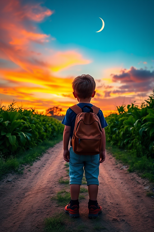 Generate an image of a young boy with a backpack standing at the end of a dirt road surrounded by lush greenery, observing a vibrant sunset sky with clouds and a crescent moon, using a DSLR camera with a 50mm lens, aperture f/1.8, ISO 100, and a low angle view for enhanced depth and detail.