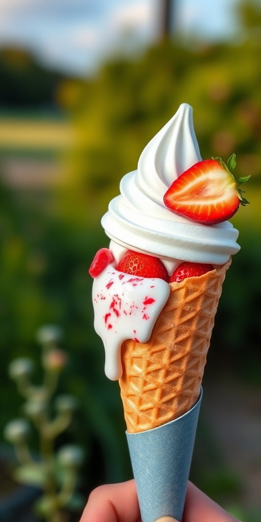 Generate an image of a melting ice cream cone with whipped cream and strawberries, shot with a DSLR camera at f/8 aperture, 1/125 shutter speed, ISO 100, in a landscape view with a soft afternoon light to enhance detail and color vibrancy.