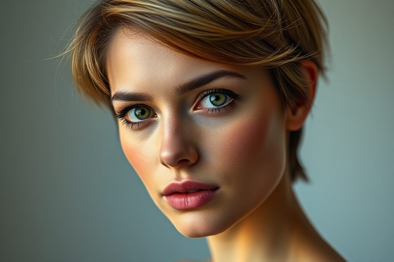 Create a high-resolution portrait of a woman with short, stylish hair and green eyes, soft lighting, and vibrant details, captured with a Canon EOS R5, 85mm f/1.2 lens, aperture f/2.8, ISO 100, in a studio setting for enhanced clarity and color depth.