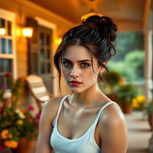 A photo of Kristen Stewart with a background of a cozy porch. She has dark hair pulled back in an updo, with tendrils framing her face. She wears a white tank top and sits on the porch. The porch is part of a well-lit home with a warm, earthy tone and colorful flowers and foliage. The overall scene has a warm, welcoming, and comfortable ambiance.