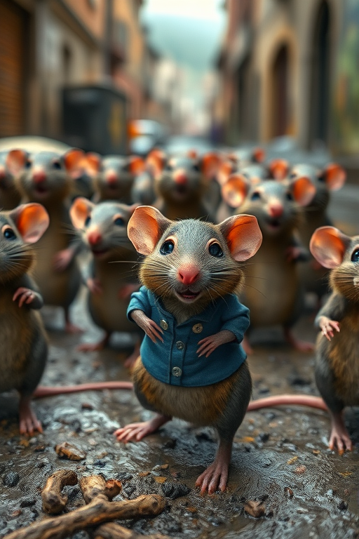 A group of realistic cartoon rats in a muddy, urban environment with one prominent rat wearing a blue shirt, taken with a DSLR camera at f/2.8, ISO 100, 50mm lens, shallow depth of field, soft focus background, high dynamic range processing.