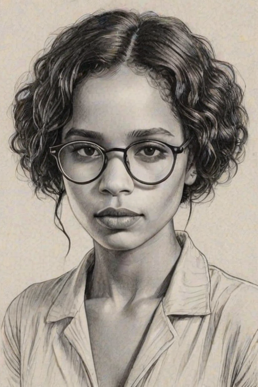 Lovely Zo' Kravitz, pencil sketch, portrait of Comely woman 1924s in glasses, hair style beatnik, outline, clear lines, fine lines, 8k