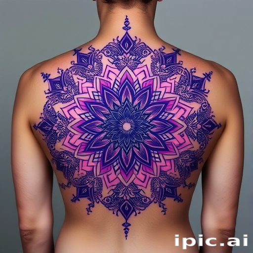 Enchanting dotwork mandala tattoo adorning the upper back and shoulders with intricate patterns radiating outward in gradient shades of purple and indigo creating a hypnotic three-dimensional effect