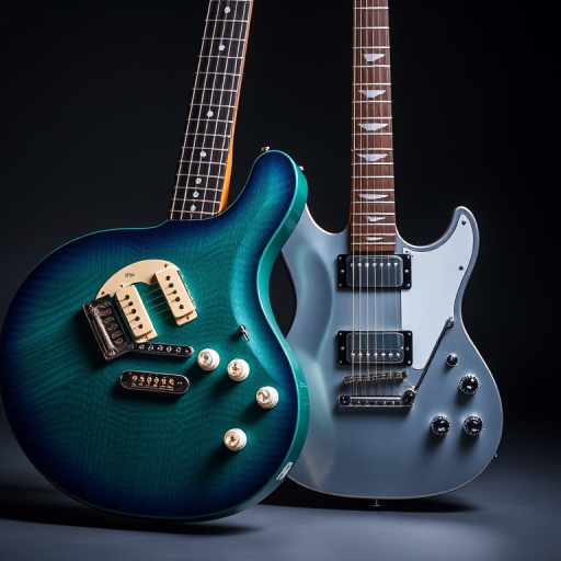 Generate an image of two electric guitars, one with a deep blue-green color and a unique body shape, and the other a silver V-style guitar, captured with a DSLR camera at f/2.8 aperture, 50mm focal length, ISO 100, in a well-lit studio setting with softbox lighting for enhanced detail and color vibrancy.