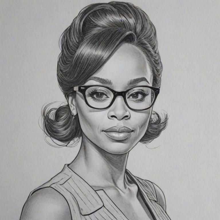Elegant Anika Noni Rose, pencil sketch, portrait of Pleasing woman 1960s in glasses, hair style beatnik, outline, clear lines, fine lines, 8k