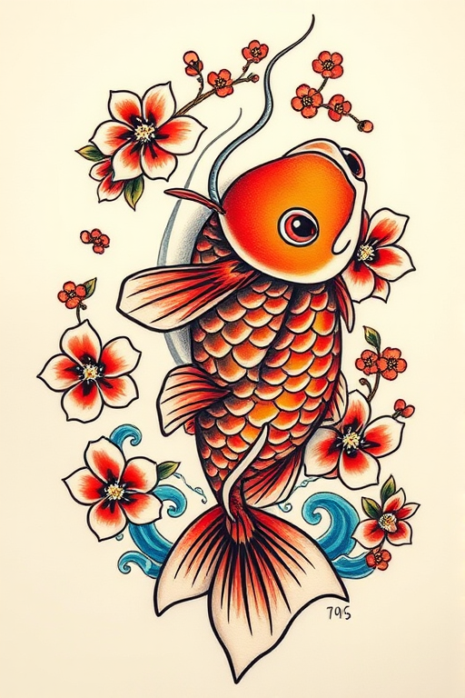 Japanese-inspired koi fish tattoo with dynamic movement and vibrant scales, surrounded by cherry blossoms and traditional wave patterns, symbolizing perseverance and strength in a bold, colorful style