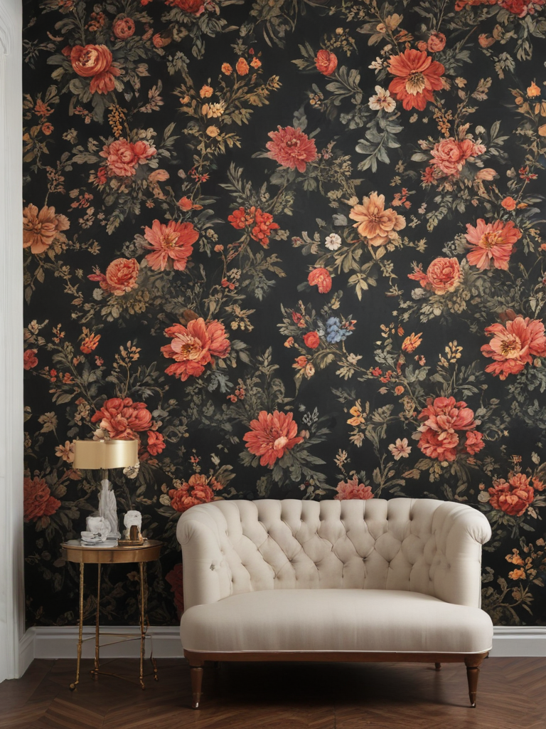 Elegant Living Room with Floral Wallpaper and Stylish Upholstered Sofa