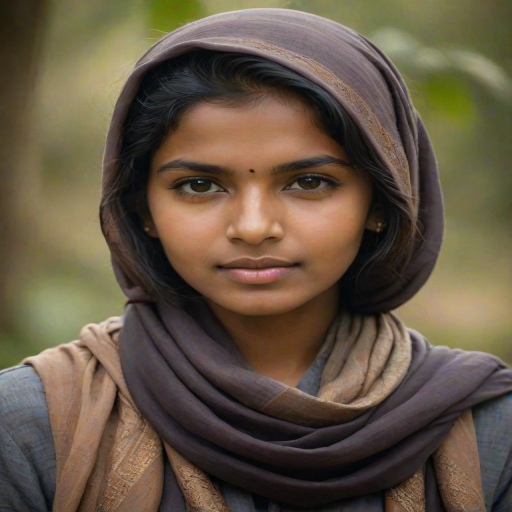 Create a portrait of a young Sri Lankan woman with long, dark hair and captivating hazel eyes. She is wearing a dark headscarf and a matching scarf draped gracefully around her neck. The background is softly blurred, focusing attention on her serene and natural expression. The overall color palette is muted and warm, enhancing the intimate and authentic feel of the portrait.