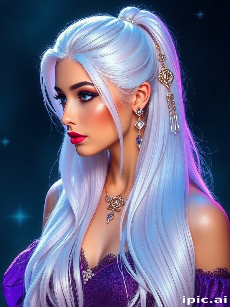Mystical portrait reveals Moonstone Shimmer long hair, pearlescent white base with iridescent blue and purple undertones, styled in a sleek high ponytail with crystal-embellished accessories