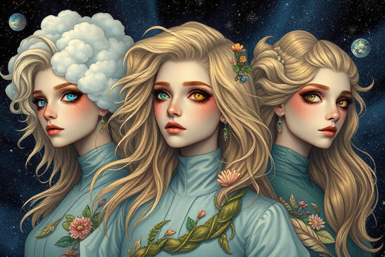 Create a series of imaginative portraits where each subject is infused with elements of fantasy and nature. The hair of the individuals should flow like clouds, varying from soft, fluffy cumulus to wispy cirrus strands, with hints of color reflecting a sunset or a clear blue sky. The eyes should be windows to entire galaxies, with stars, nebulae, and distant planets visible within them. Clothing should be adorned with nature motifs, such as floral patterns that bloom and change, vines that seem to grow and wrap around, or feathers that shimmer with iridescence. Each portrait should capture a unique personality, blending human features with the ethereal beauty of the natural and cosmic world. The backgrounds can vary, from starry night skies to enchanted forests, adding depth and context to the magical realism of the portraits