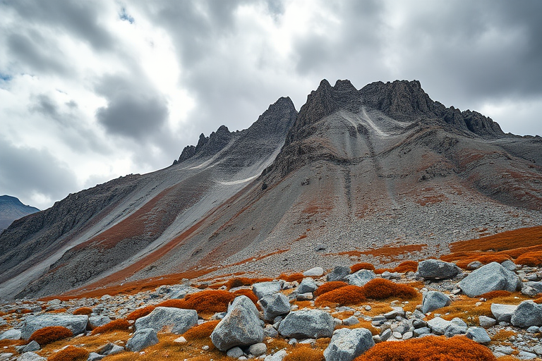 Capture a dramatic mountain landscape with a stony terrain contrasting against a cloudy sky, using a Canon EOS R5 with a 24-70mm f/2.8 lens, aperture f/8, shutter speed 1/250s, ISO 100, at a wide-angle perspective to emphasize depth and detail in the rocky features and autumn-colored vegetation.