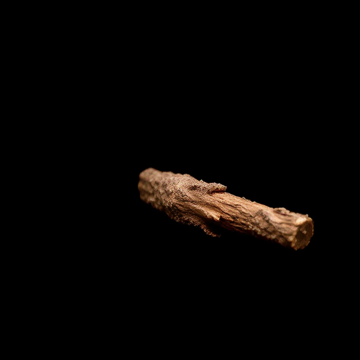 Generate a high-resolution image of a brown stick against a black background, shot with a DSLR camera at f/4 aperture, 1/200s shutter speed, ISO 100, using a macro lens with a shallow depth of field for enhanced detail and focus.
