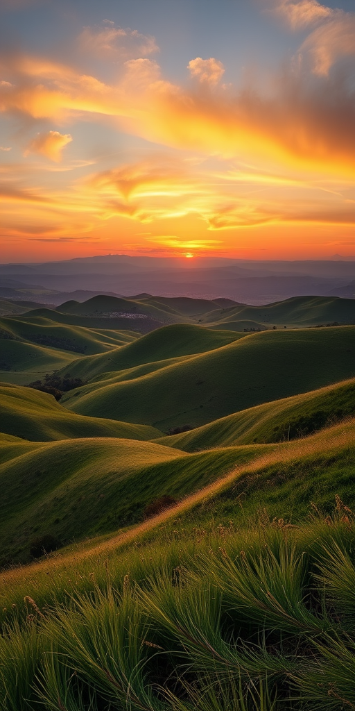 Create a high-resolution image of a serene landscape featuring rolling hills and a sunset sky, shot with a Canon EOS R5 at f/8, ISO 100, 24mm focal length, in a wide-angle view with natural lighting and vibrant colors.
