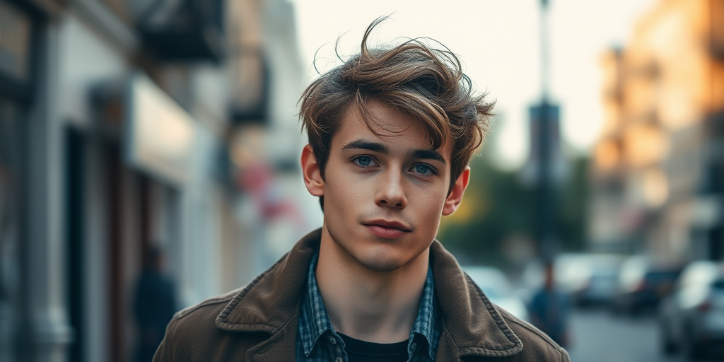 Generate a portrait of a young man with tousled hair wearing a vintage jacket, captured in soft lighting with a shallow depth of field at f/1.8, shot with a 50mm lens on a DSLR camera, with a focus on facial features and a blurred urban background.