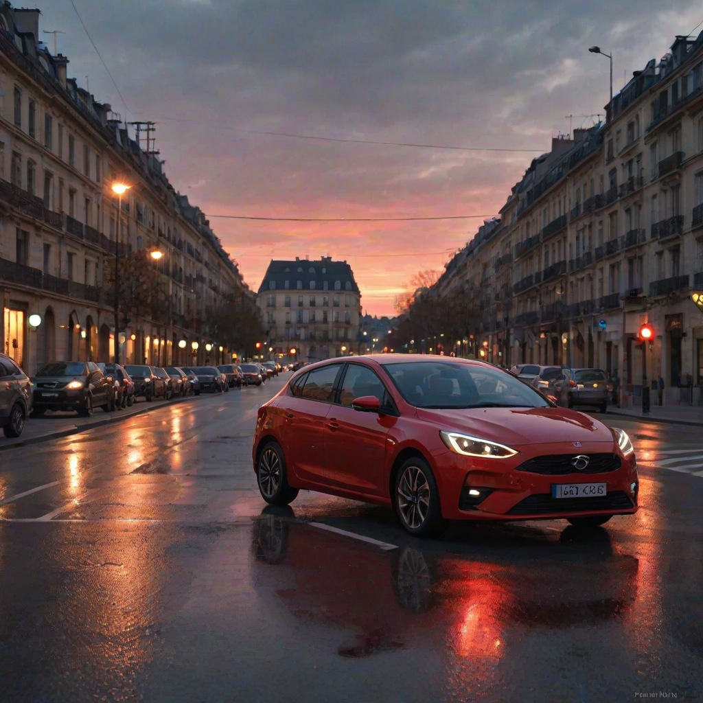 ((masterpiece, best quality)),In the evening, the sunset is reflected on the car, red car, the car is driving on the road, Dusk backlight, Street lights, street signs, parking signs, Render, UE5, Modernization, French architecture, bustling streets,