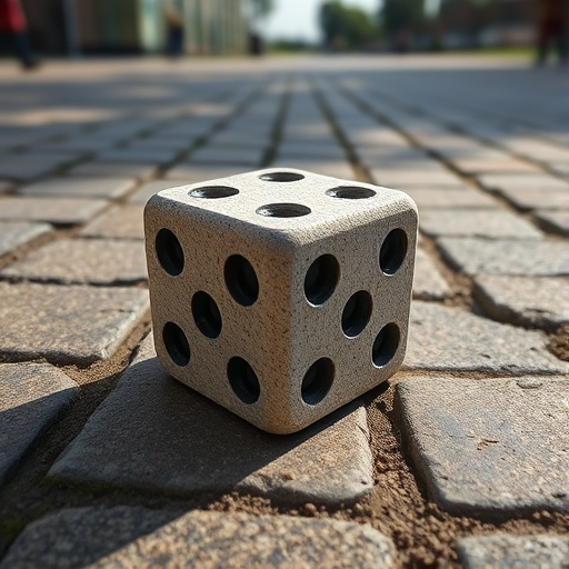 High-resolution image of a large stone dice on a textured pavement, captured from a low angle with a 50mm lens, aperture f/2.8, shutter speed 1/200s, ISO 100, natural daylight.
