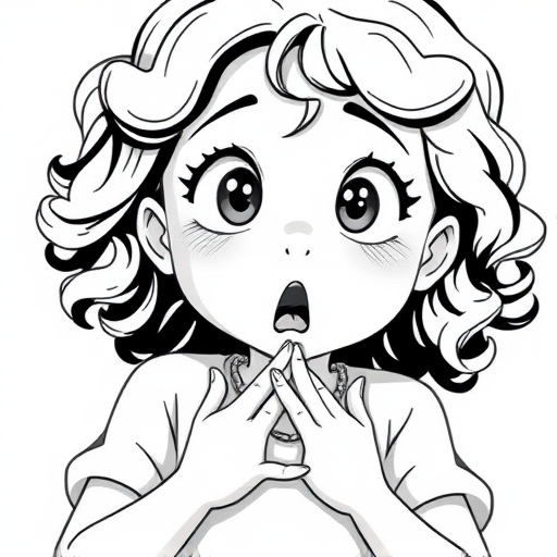The image is a black and white illustration of a young girl with curly hair. She has a surprised expression on her face with her mouth open and her hands clasped together in front of her chest. Her eyes are wide and her eyebrows are furrowed. Her hair is styled in loose curls that are cascading down her back. The overall mood of the image is one of shock or surprise.